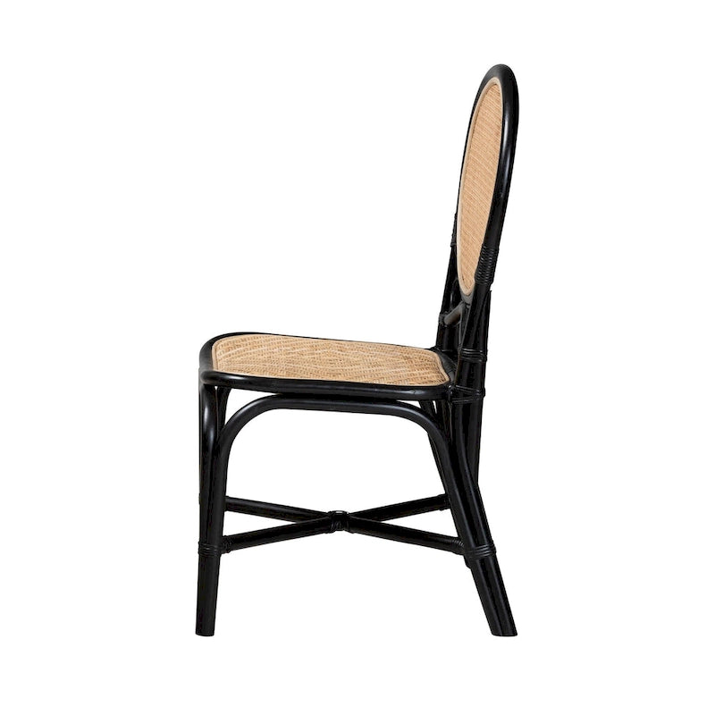 Sedia da pranzo artigianale Mid-Century Modern in rattan – Nera e Marrone Naturale