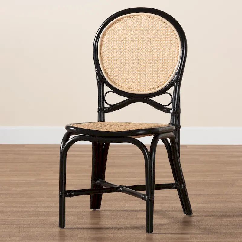 Sedia da pranzo artigianale Mid-Century Modern in rattan – Nera e Marrone Naturale