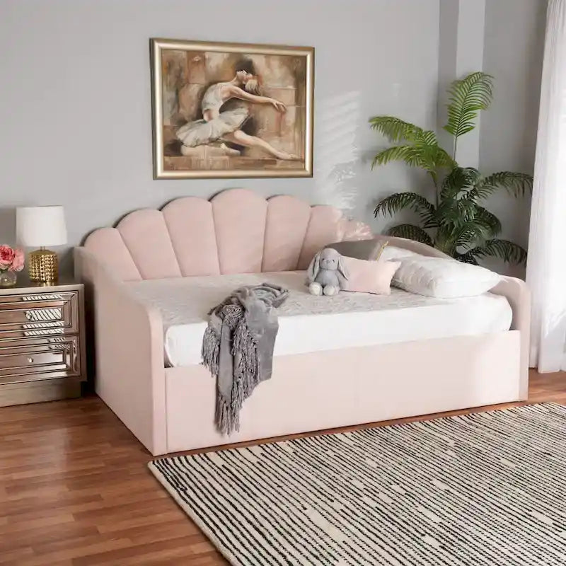 Letto a giorno moderno in velluto con bordi smerlati – Rosa chiaro