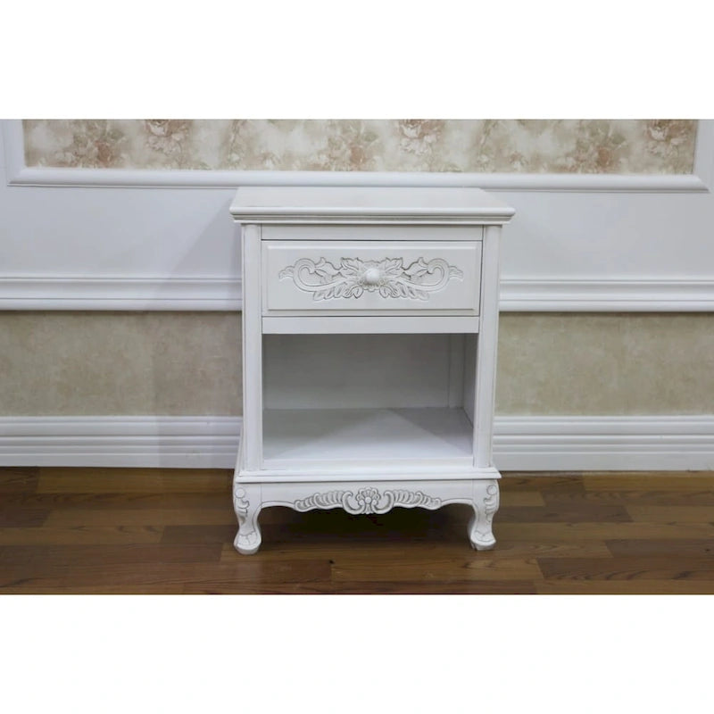 Comodino intagliato a mano in legno massiccio con 1 cassetto, bianco anticato – 52 cm L x 35,5 cm P x 66 cm A