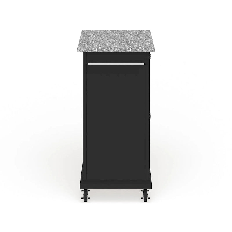 Carrello da cucina compatto con piano in granito, armadietto e cassetto – Finitura nera