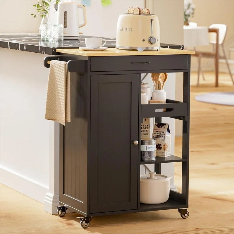 Carrello da Cucina con Isola, Cassetto, Armadietto e Ripiani a 3 Livelli