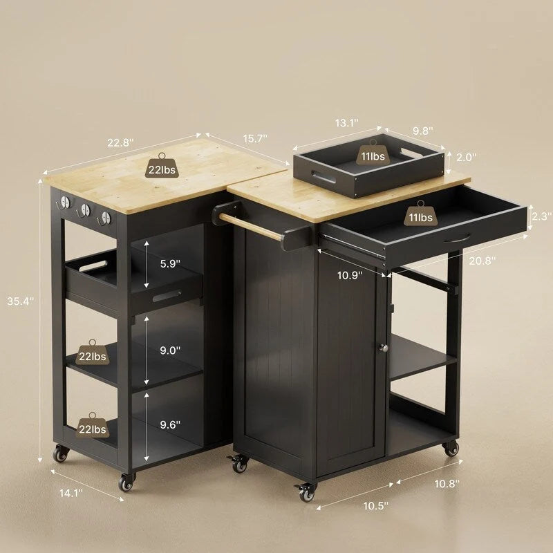 Carrello da Cucina con Isola, Cassetto, Armadietto e Ripiani a 3 Livelli