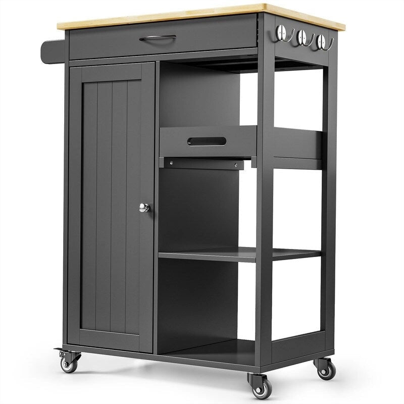 Carrello da Cucina con Isola, Cassetto, Armadietto e Ripiani a 3 Livelli