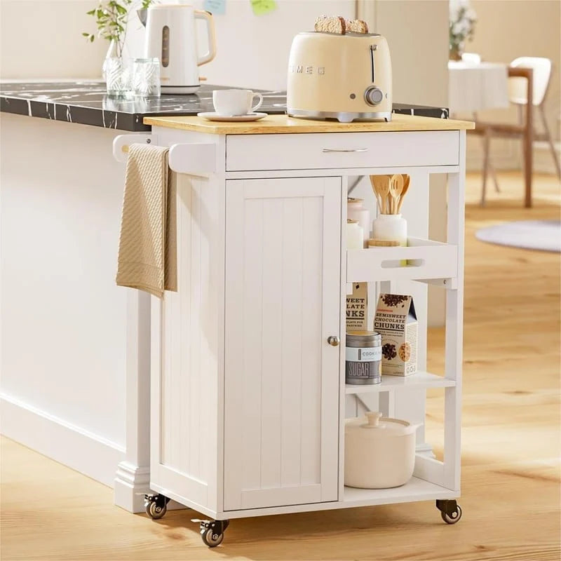 Carrello da Cucina con Isola, Cassetto, Armadietto e Ripiani a 3 Livelli