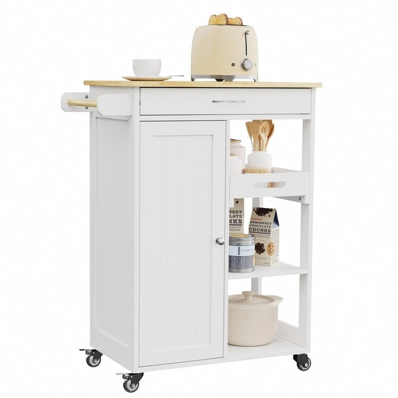 Carrello da Cucina con Isola, Cassetto, Armadietto e Ripiani a 3 Livelli