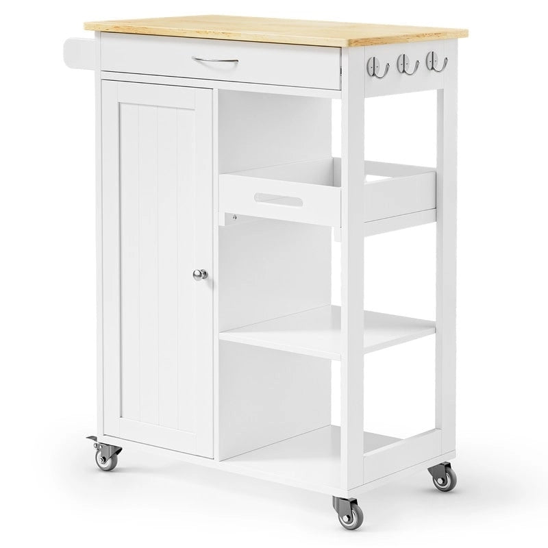 Carrello da Cucina con Isola, Cassetto, Armadietto e Ripiani a 3 Livelli