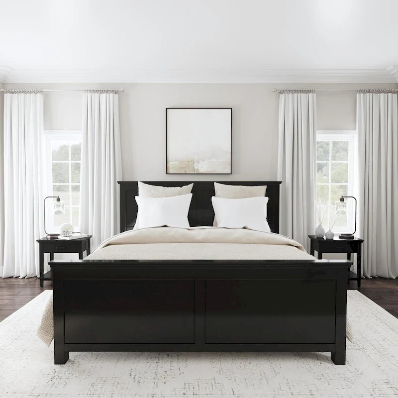 Letto king in legno nero con due comodini a giorno - Mogano massiccio stile artigianale