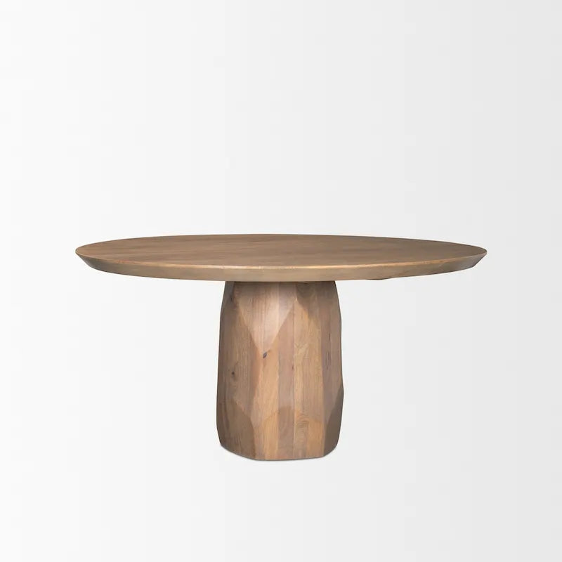Tavolo da pranzo rotondo in legno massello da 60" marrone chiaro – Base sfaccettata scolpita, 4 posti a sedere