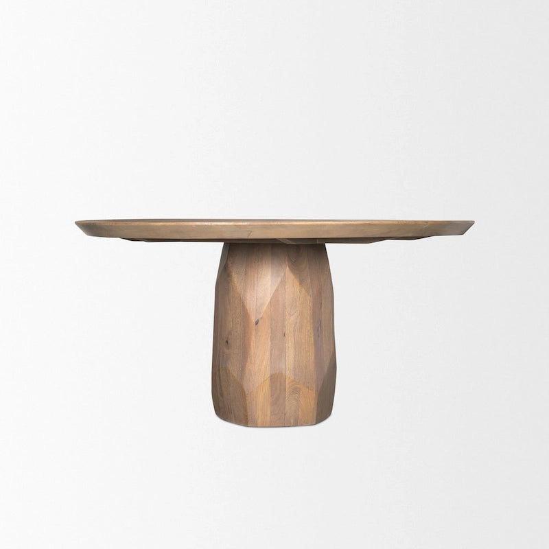 Tavolo da pranzo rotondo in legno massello da 60" marrone chiaro – Base sfaccettata scolpita, 4 posti a sedere