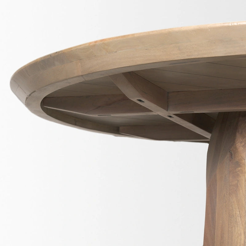 Tavolo da pranzo rotondo in legno massello da 60" marrone chiaro – Base sfaccettata scolpita, 4 posti a sedere
