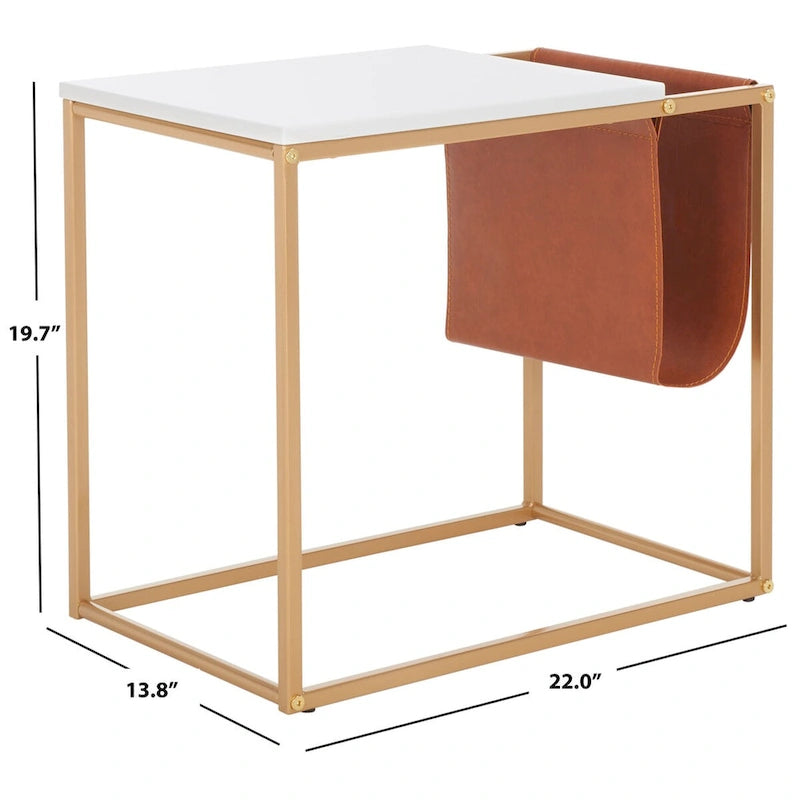 Tavolino industriale con tasca in similpelle – 56 cm L x 35,5 cm P x 51 cm H