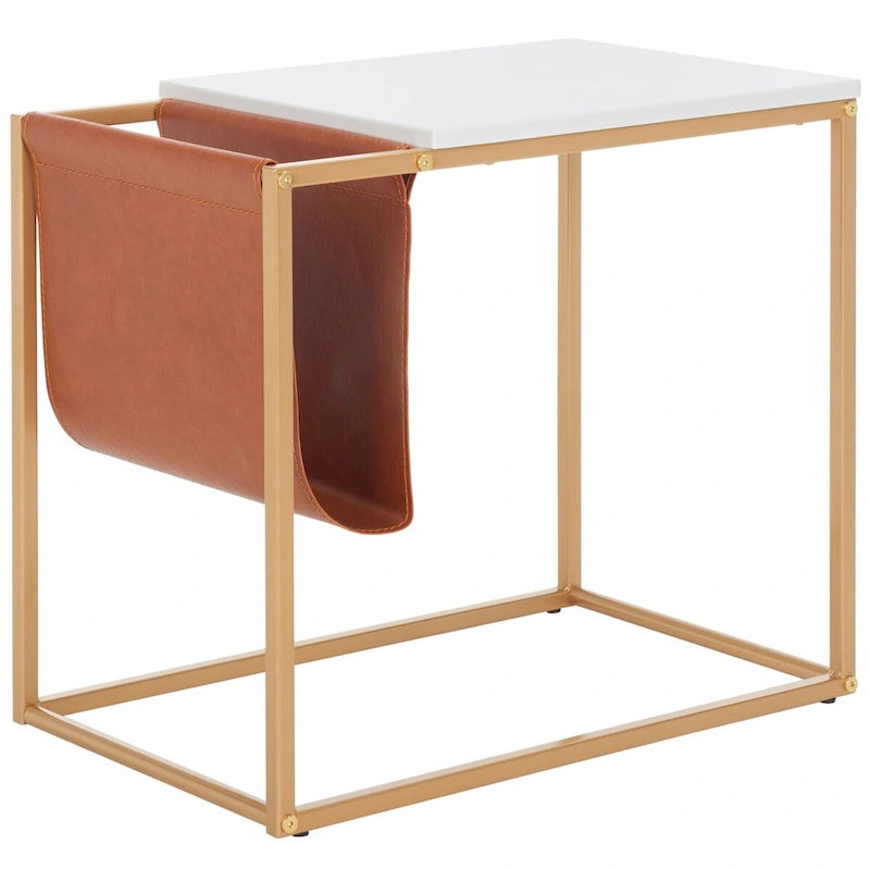 Tavolino industriale con tasca in similpelle – 56 cm L x 35,5 cm P x 51 cm H