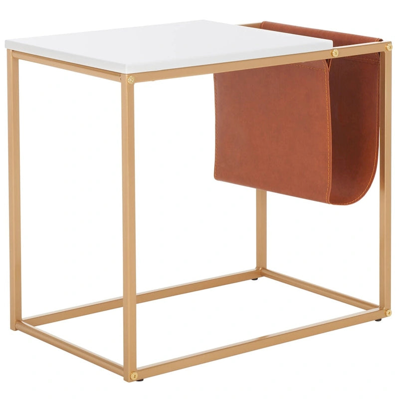 Tavolino industriale con tasca in similpelle – 56 cm L x 35,5 cm P x 51 cm H