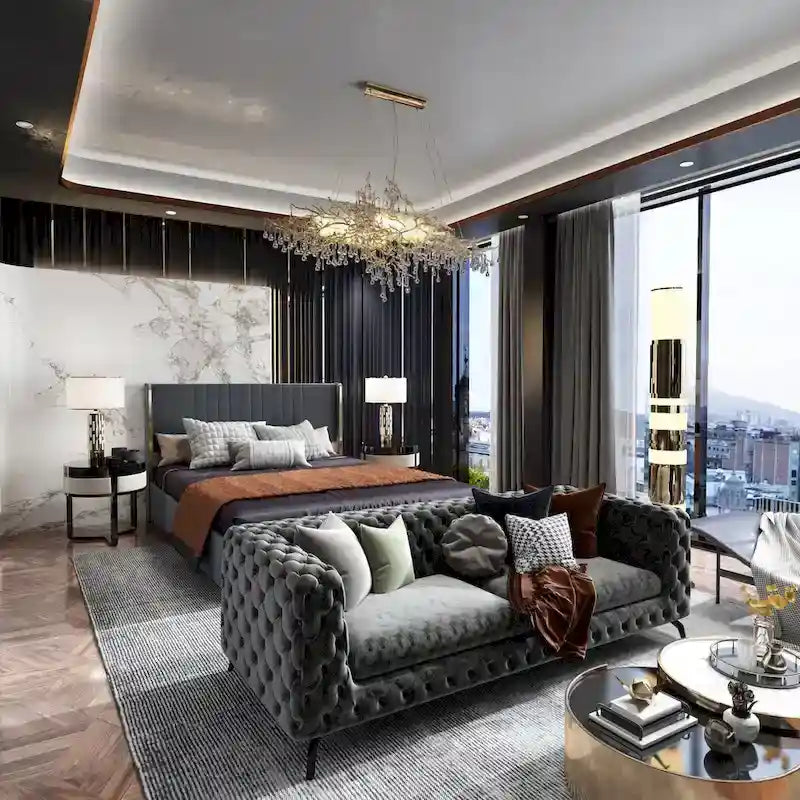 Letto a Piattaforma a LED Illuminato con Rifiniture Dorate e Cassetto ai Piedi – Grigio/Bianco