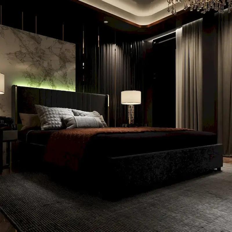 Letto a Piattaforma a LED Illuminato con Rifiniture Dorate e Cassetto ai Piedi – Grigio/Bianco