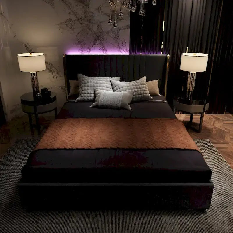 Letto a Piattaforma a LED Illuminato con Rifiniture Dorate e Cassetto ai Piedi – Grigio/Bianco
