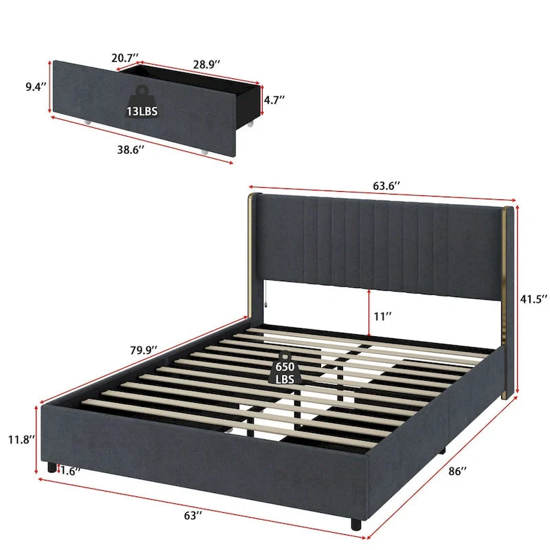 Letto a Piattaforma a LED Illuminato con Rifiniture Dorate e Cassetto ai Piedi – Grigio/Bianco