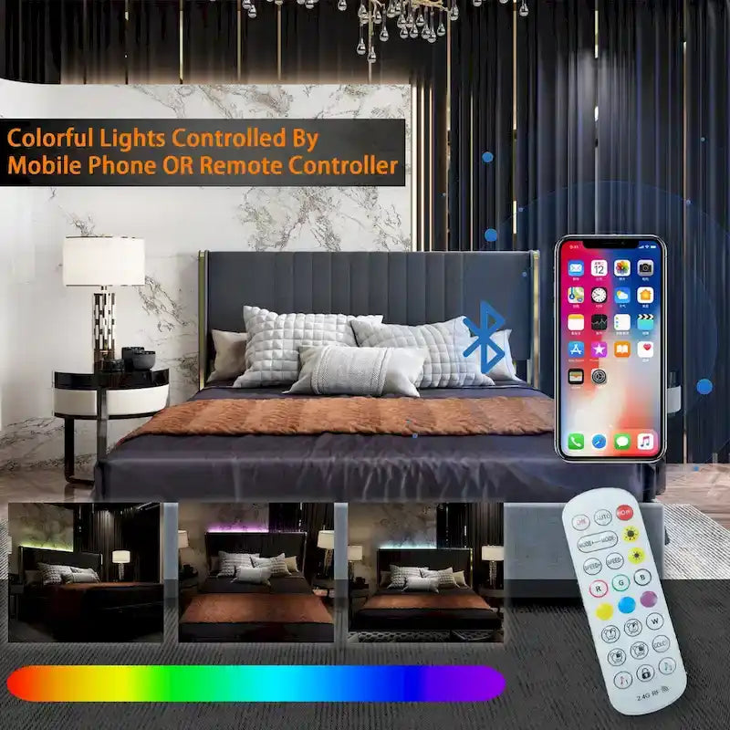 Letto a Piattaforma a LED Illuminato con Rifiniture Dorate e Cassetto ai Piedi – Grigio/Bianco