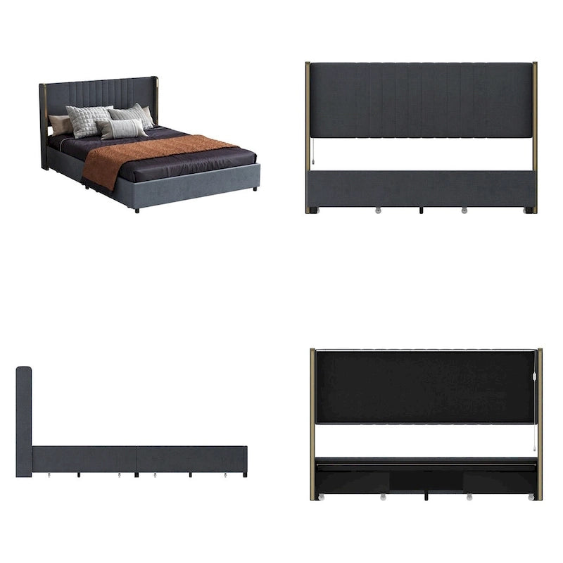 Letto a Piattaforma a LED Illuminato con Rifiniture Dorate e Cassetto ai Piedi – Grigio/Bianco