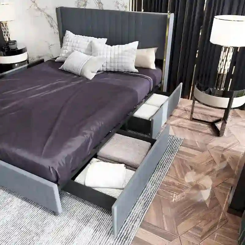 Letto a Piattaforma a LED Illuminato con Rifiniture Dorate e Cassetto ai Piedi – Grigio/Bianco