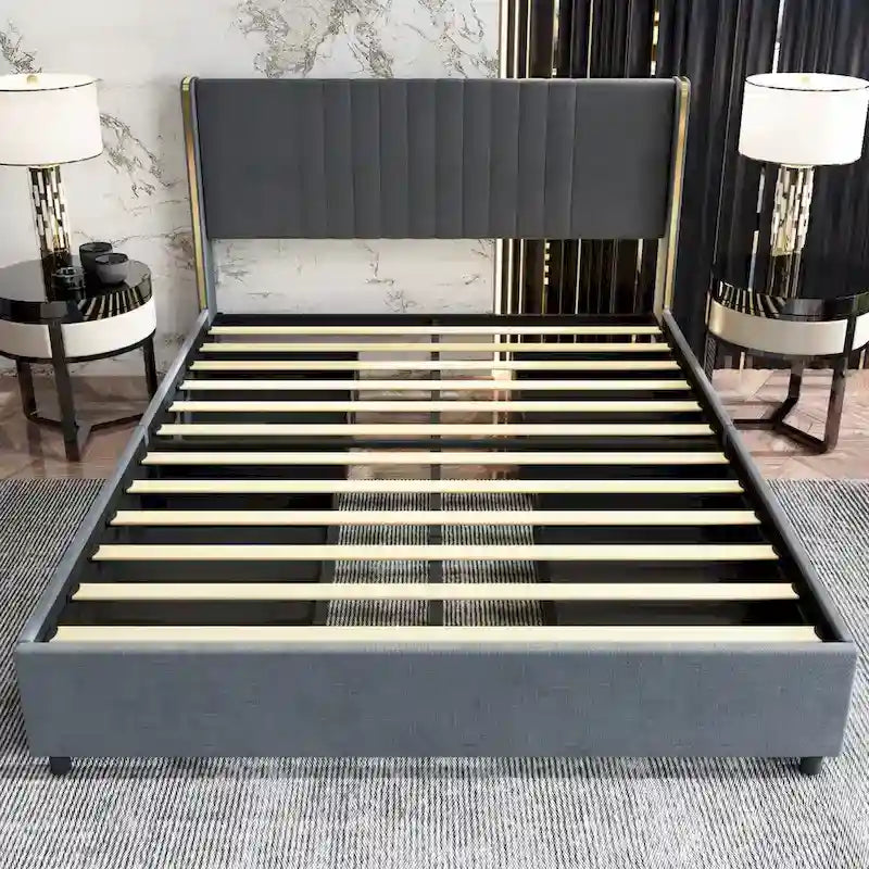 Letto a Piattaforma a LED Illuminato con Rifiniture Dorate e Cassetto ai Piedi – Grigio/Bianco