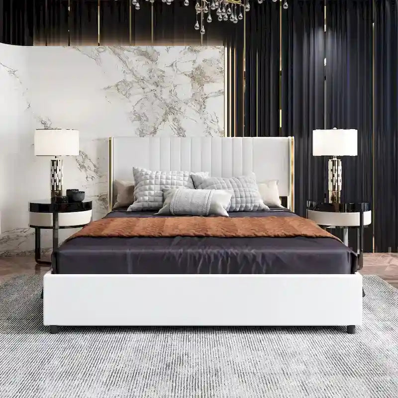 Letto a Piattaforma a LED Illuminato con Rifiniture Dorate e Cassetto ai Piedi – Grigio/Bianco