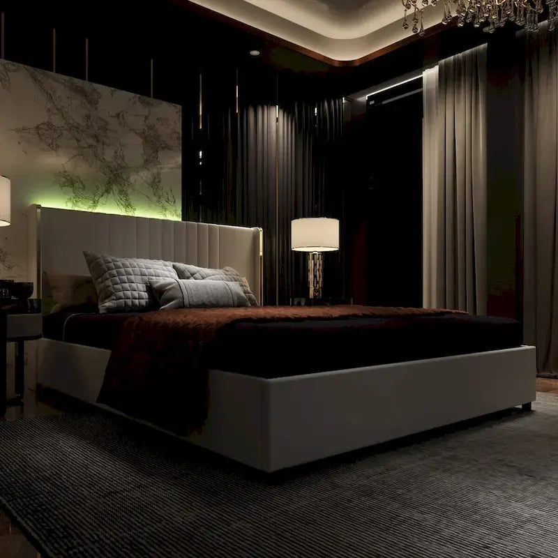 Letto a Piattaforma a LED Illuminato con Rifiniture Dorate e Cassetto ai Piedi – Grigio/Bianco