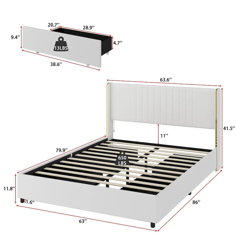 Letto a Piattaforma a LED Illuminato con Rifiniture Dorate e Cassetto ai Piedi – Grigio/Bianco