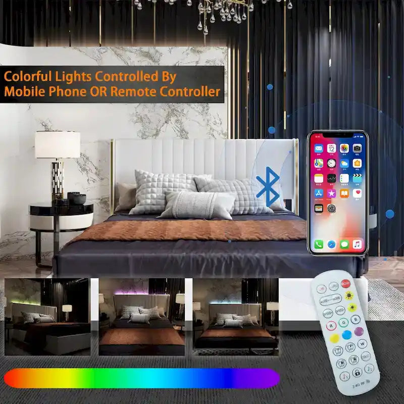 Letto a Piattaforma a LED Illuminato con Rifiniture Dorate e Cassetto ai Piedi – Grigio/Bianco