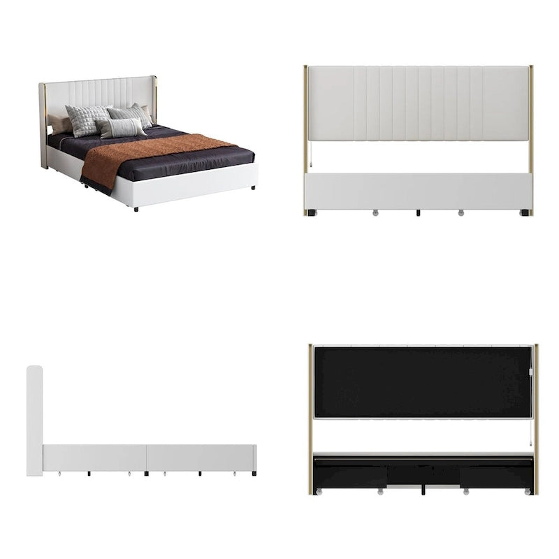 Letto a Piattaforma a LED Illuminato con Rifiniture Dorate e Cassetto ai Piedi – Grigio/Bianco