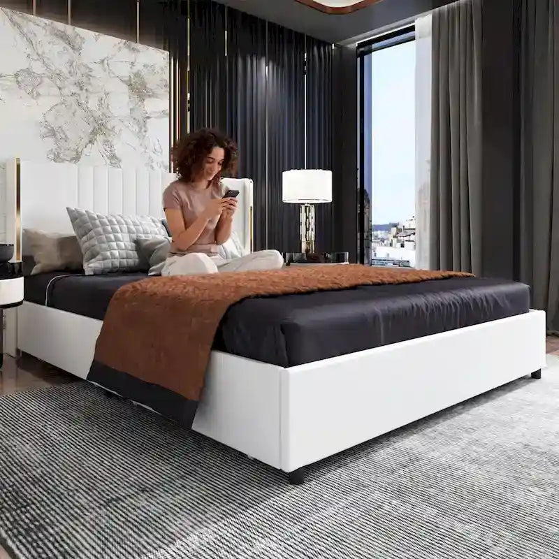 Letto a Piattaforma a LED Illuminato con Rifiniture Dorate e Cassetto ai Piedi – Grigio/Bianco