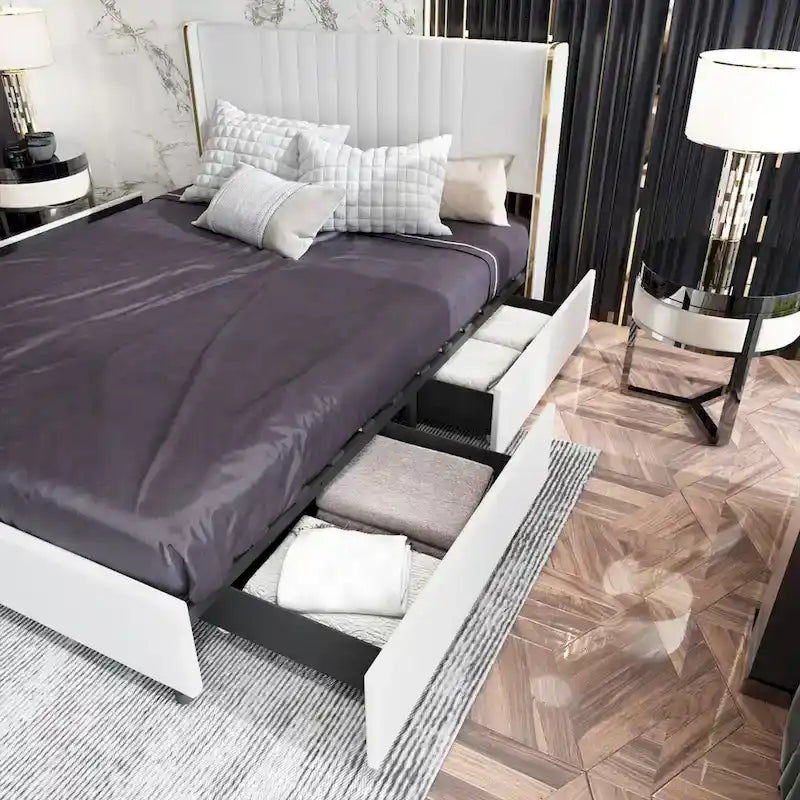 Letto a Piattaforma a LED Illuminato con Rifiniture Dorate e Cassetto ai Piedi – Grigio/Bianco