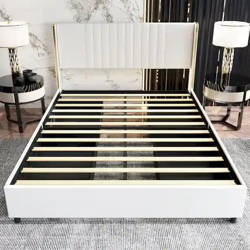 Letto a Piattaforma a LED Illuminato con Rifiniture Dorate e Cassetto ai Piedi – Grigio/Bianco