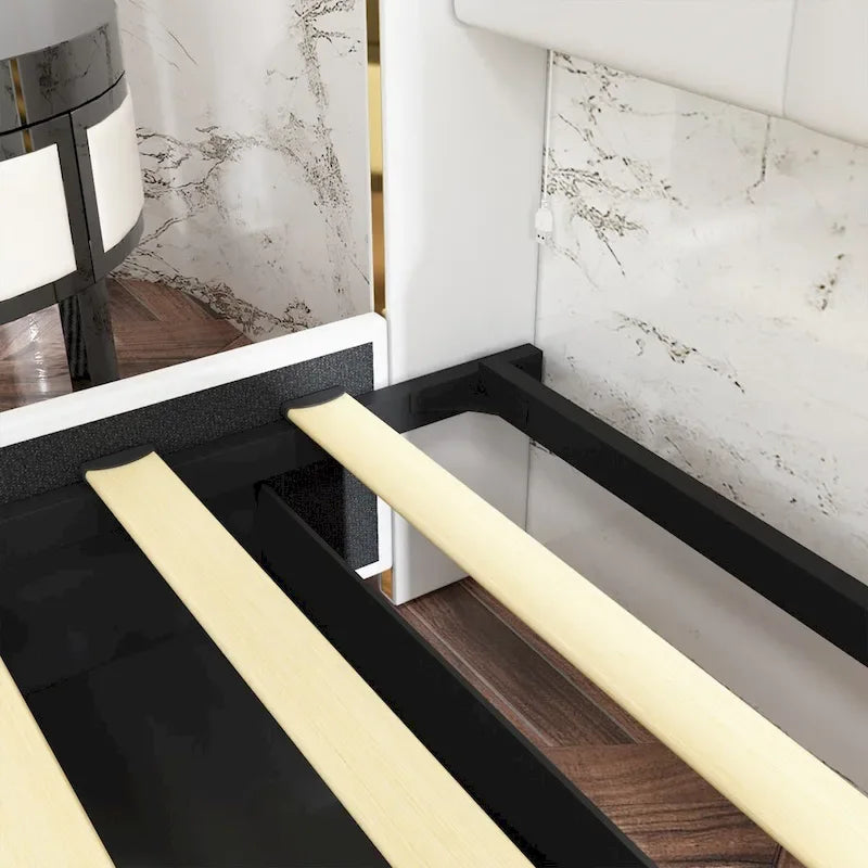 Letto a Piattaforma a LED Illuminato con Rifiniture Dorate e Cassetto ai Piedi – Grigio/Bianco