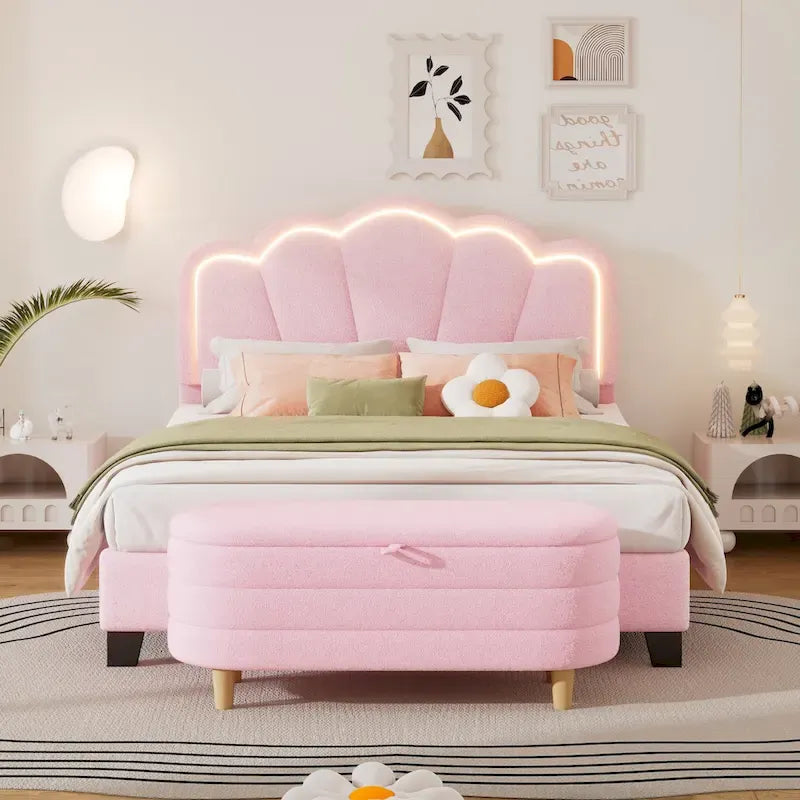 Letto a piattaforma a LED a forma di fiore con pouf contenitore – Matrimoniale, rosa