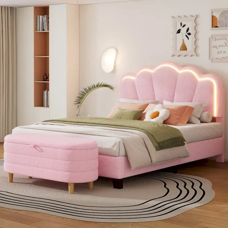 Letto a piattaforma a LED a forma di fiore con pouf contenitore – Matrimoniale, rosa