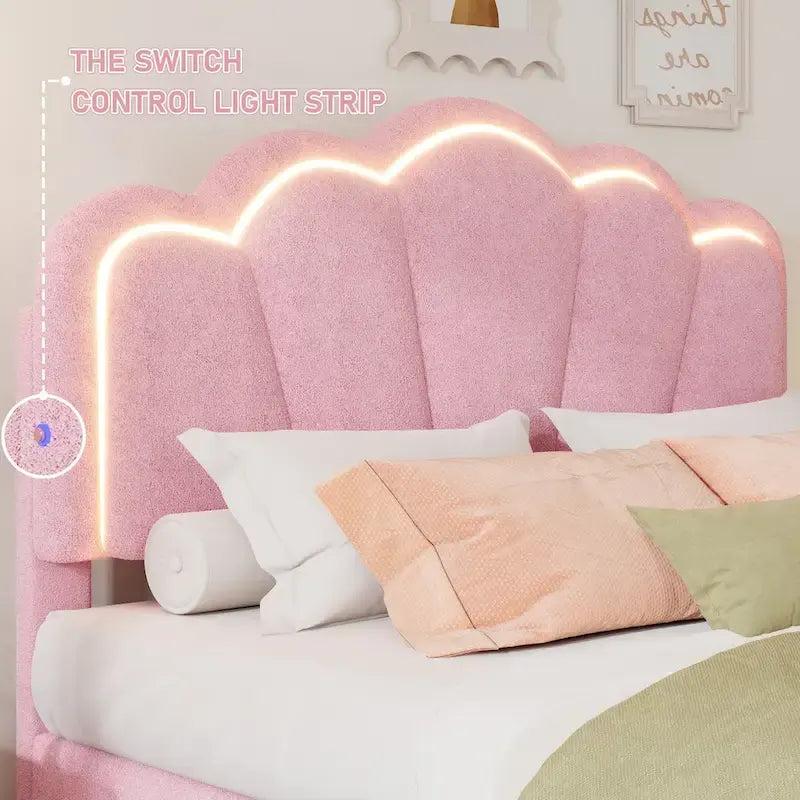 Letto a piattaforma a LED a forma di fiore con pouf contenitore – Matrimoniale, rosa