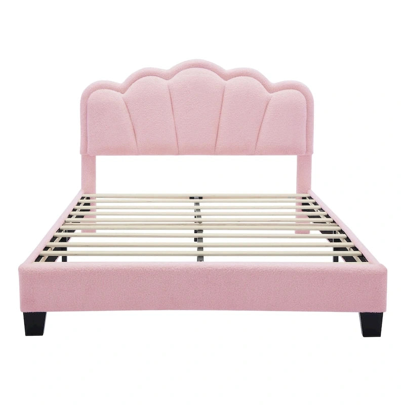 Letto a piattaforma a LED a forma di fiore con pouf contenitore – Matrimoniale, rosa