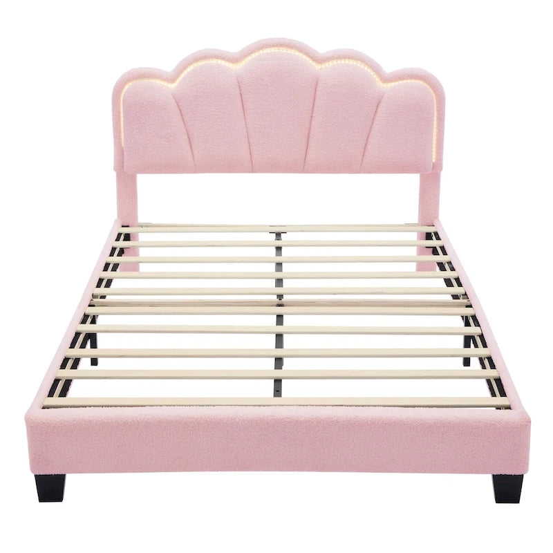 Letto a piattaforma a LED a forma di fiore con pouf contenitore – Matrimoniale, rosa