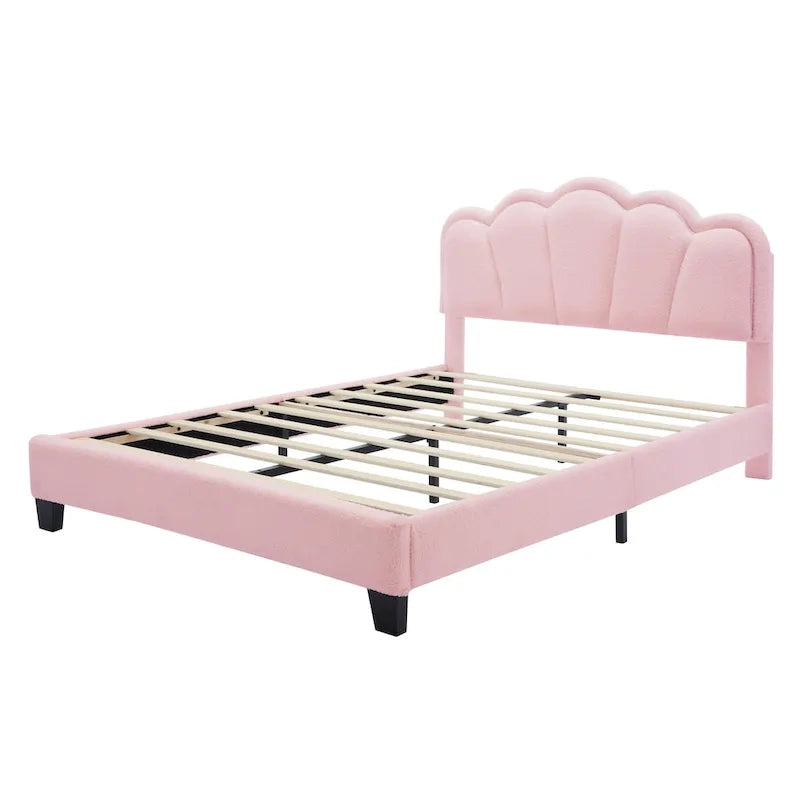 Letto a piattaforma a LED a forma di fiore con pouf contenitore – Matrimoniale, rosa