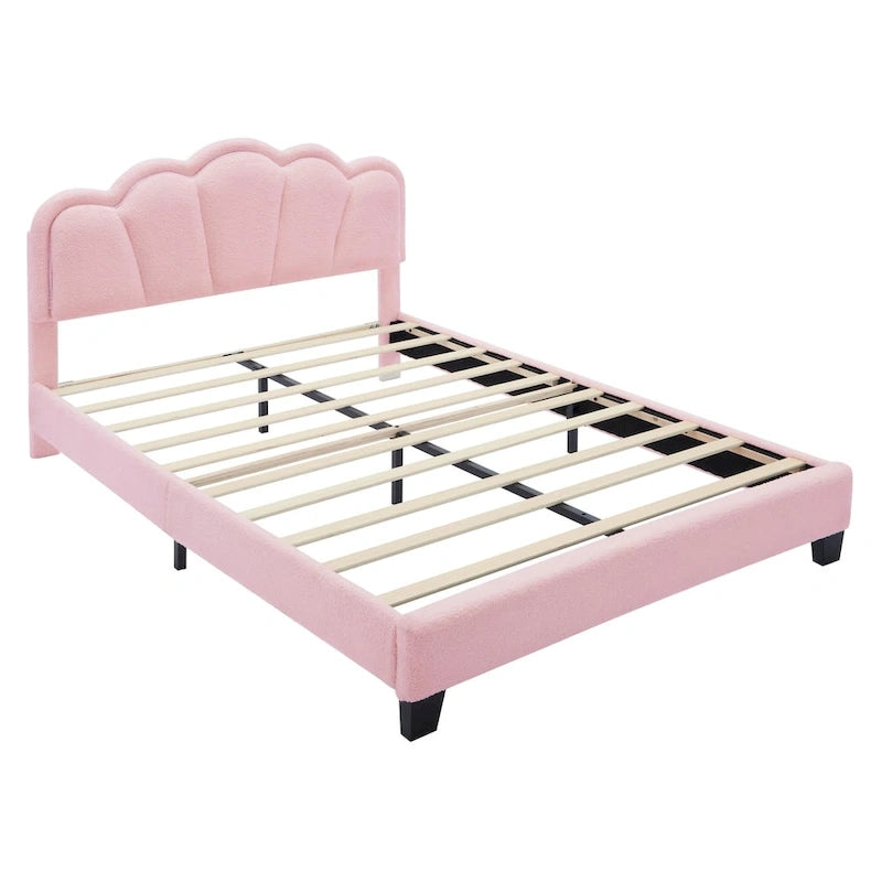 Letto a piattaforma a LED a forma di fiore con pouf contenitore – Matrimoniale, rosa