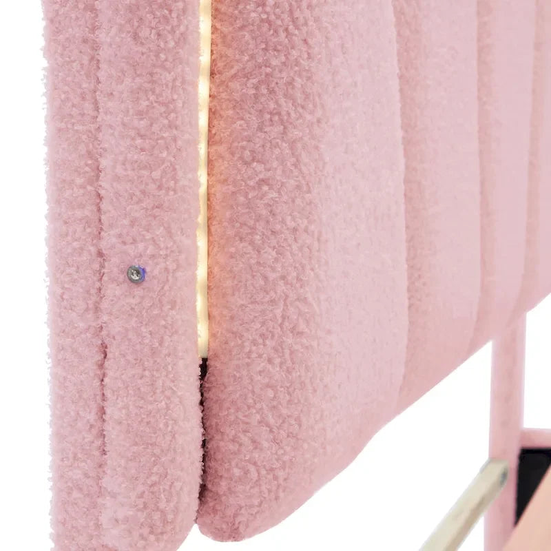 Letto a piattaforma a LED a forma di fiore con pouf contenitore – Matrimoniale, rosa