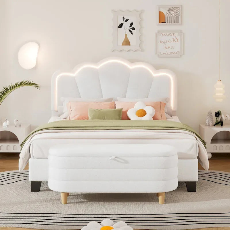 Letto a piattaforma a LED a forma di fiore con pouf contenitore – Matrimoniale, rosa