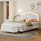 Letto a piattaforma a LED a forma di fiore con pouf contenitore – Matrimoniale, rosa