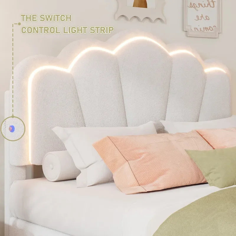 Letto a piattaforma a LED a forma di fiore con pouf contenitore – Matrimoniale, rosa
