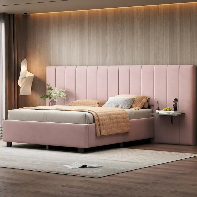 Letto a piattaforma imbottito in velluto con testiera grande – Matrimoniale francese/Matrimoniale standard