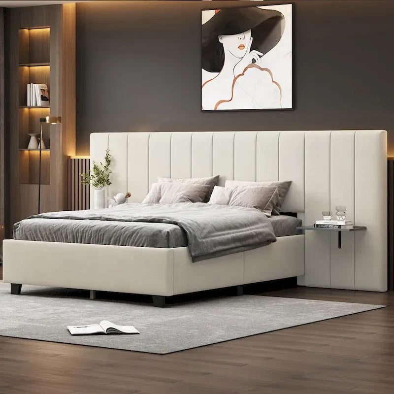 Letto a piattaforma imbottito in velluto con testiera grande – Matrimoniale francese/Matrimoniale standard
