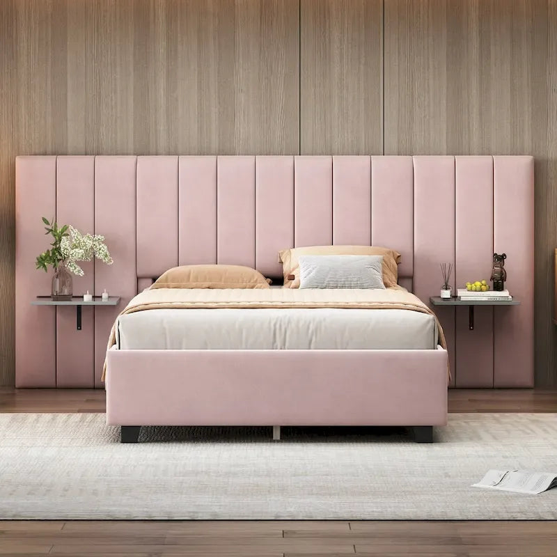 Letto a piattaforma imbottito in velluto con testiera grande – Matrimoniale francese/Matrimoniale standard