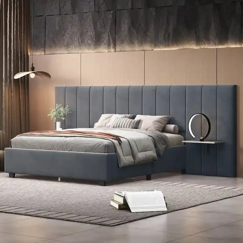 Letto a piattaforma imbottito in velluto con testiera grande – Matrimoniale francese/Matrimoniale standard